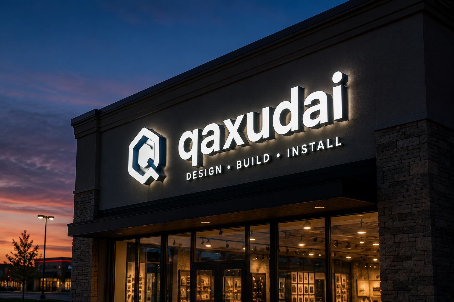 Illuminated channel letter sign mounted on a storefront at dusk