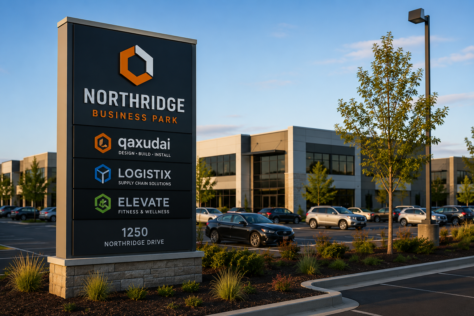 Freestanding monument sign installed near a business parking lot