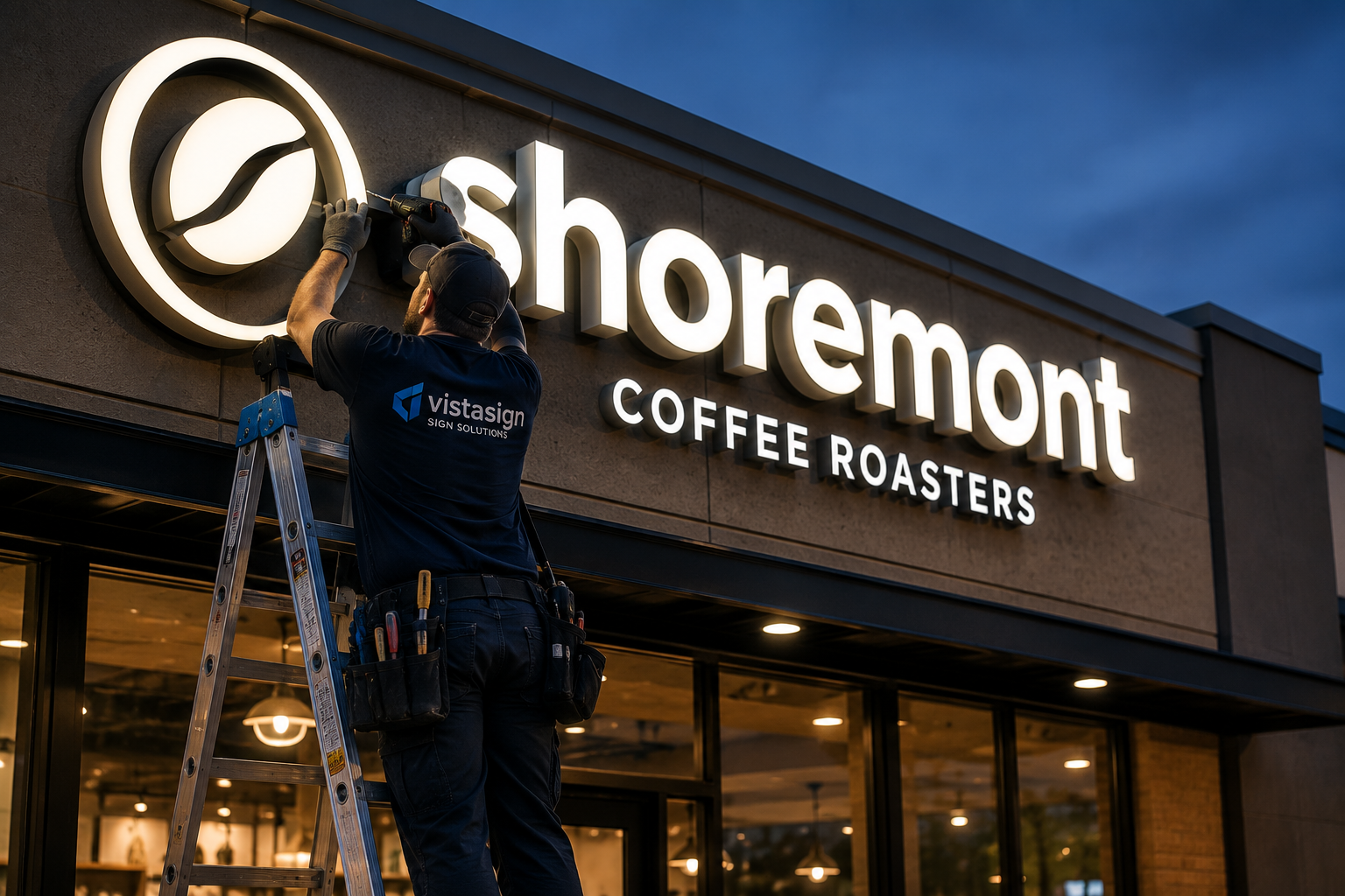Technician repairing an illuminated storefront sign on a ladder